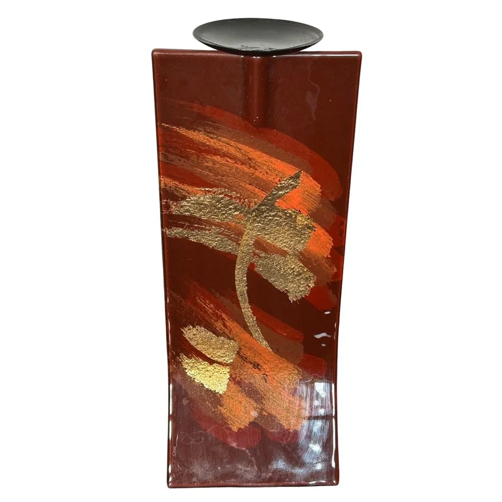 Candle Holder Modern Abstract Art Brown Gold Orange Brushstroke Unique Decor